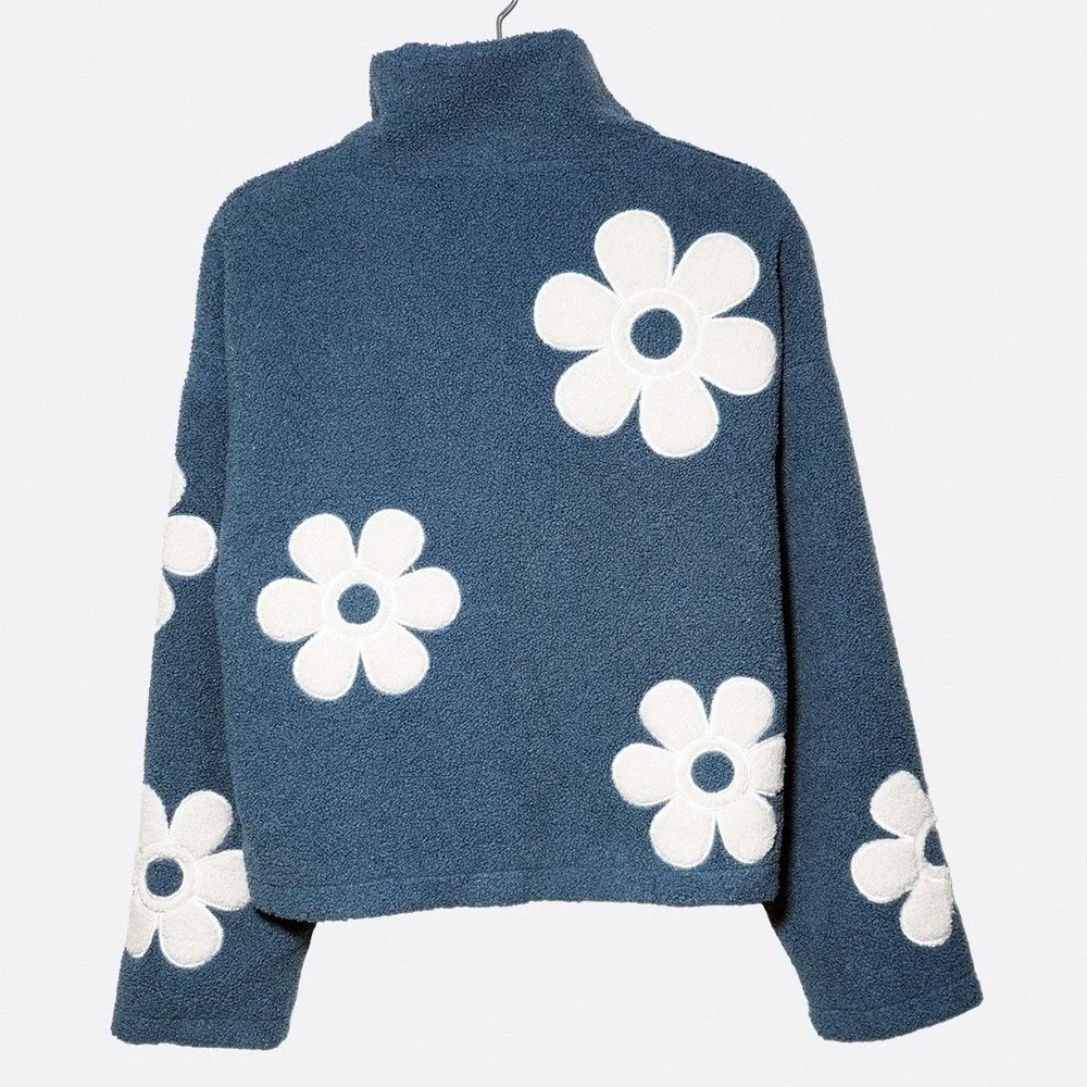 Teal Daisy Sherpa Zip Jacket‎ 0X L Teddy Coat Cozy Soft Girl Boho Flower Power